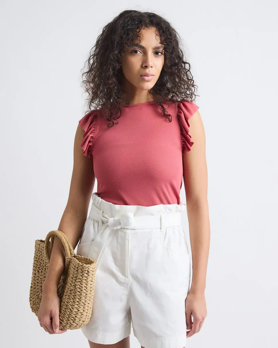 Short-Flutter-Sleeve Crew-Neck Top