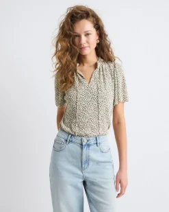 Short-Flutter-Sleeve Split-Neck Top