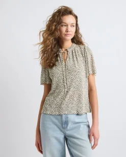 Short-Flutter-Sleeve Split-Neck Top