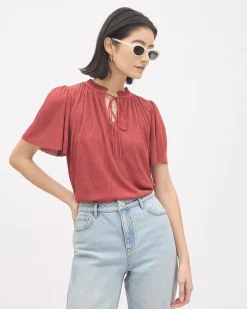 Short-Flutter-Sleeve Split-Neck Top