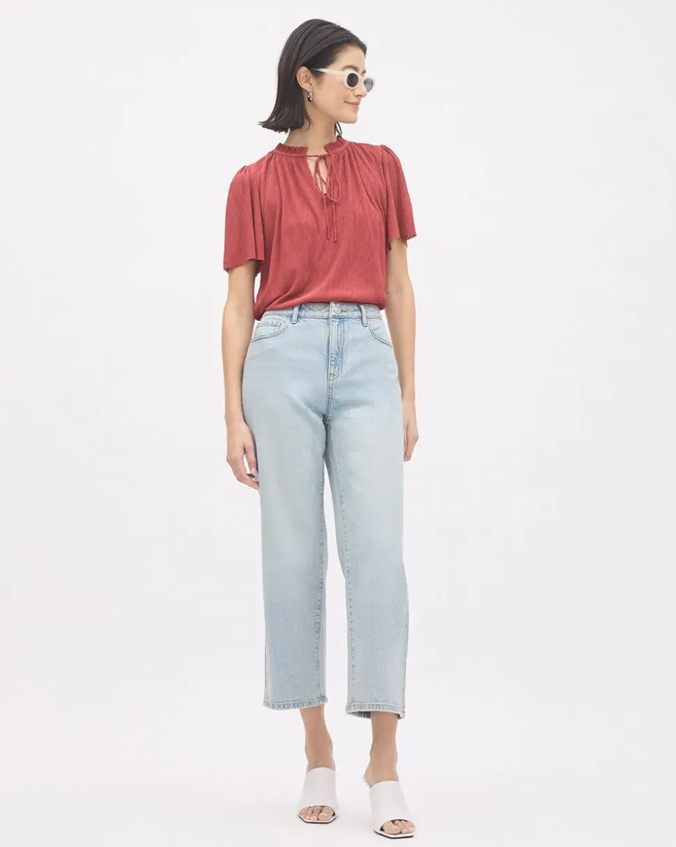 Short-Flutter-Sleeve Split-Neck Top