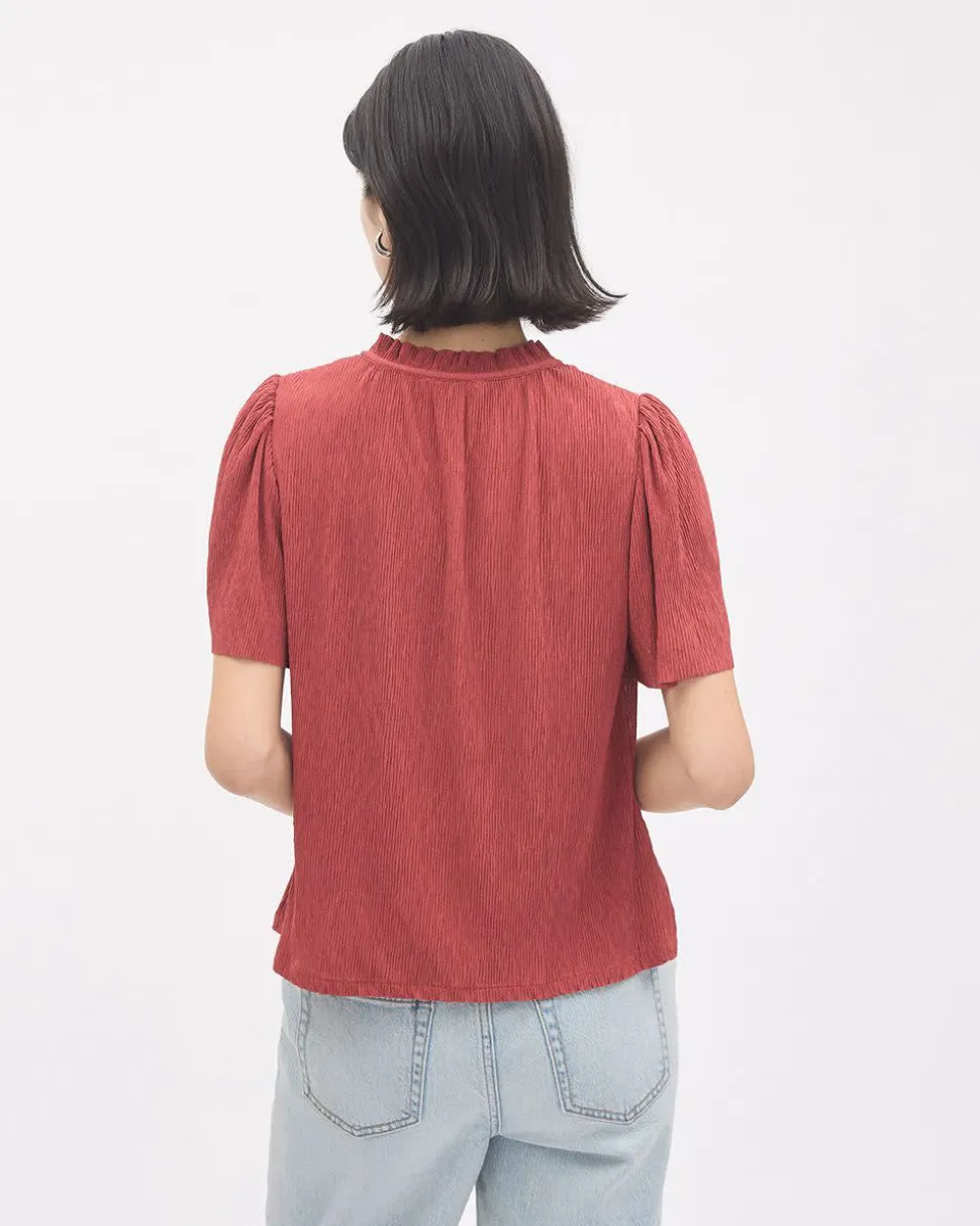 Short-Flutter-Sleeve Split-Neck Top
