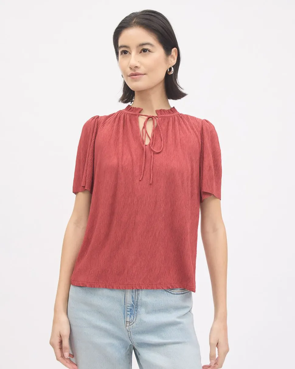 Short-Flutter-Sleeve Split-Neck Top