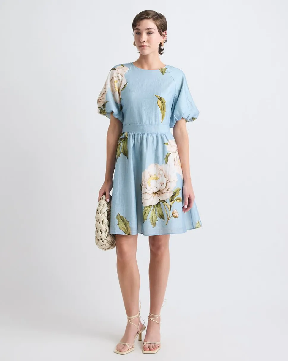Short-Puffy-Sleeve Crew-Neck Mini Dress