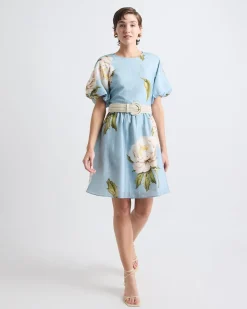 Short-Puffy-Sleeve Crew-Neck Mini Dress