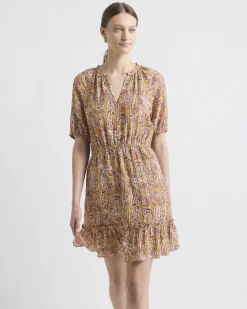 Short-Puffy-Sleeve Split-Neck Mini Dress