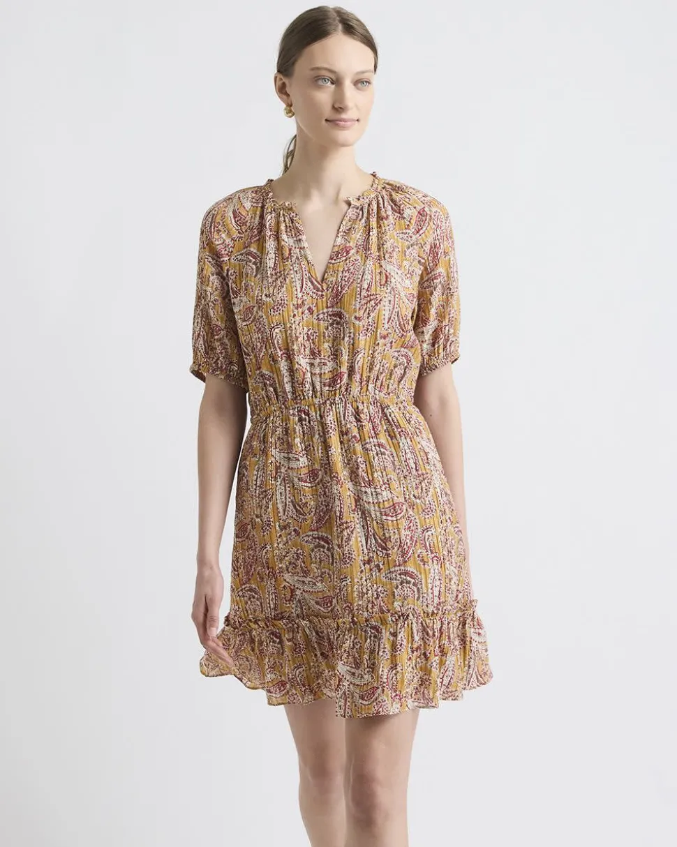 Short-Puffy-Sleeve Split-Neck Mini Dress