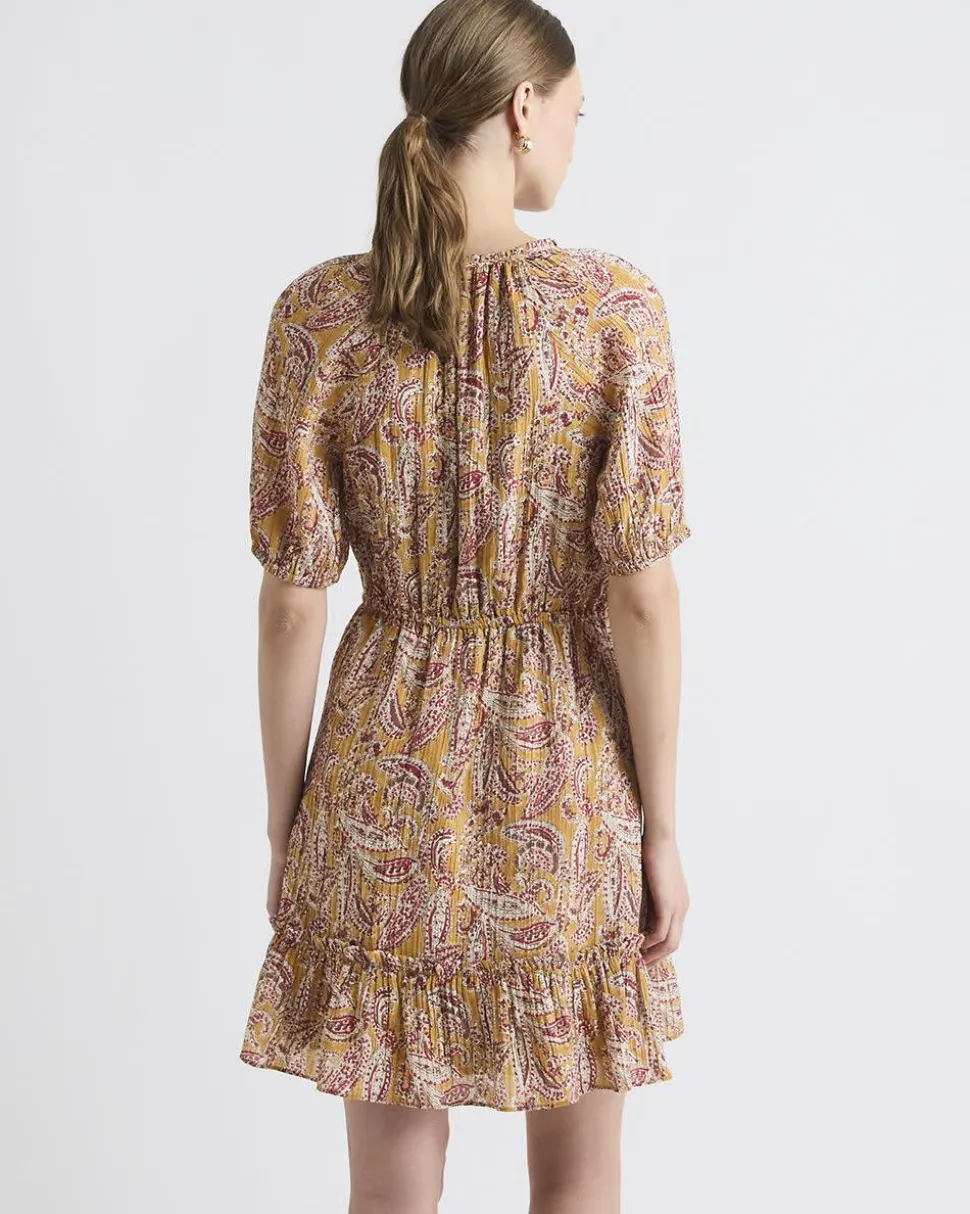 Short-Puffy-Sleeve Split-Neck Mini Dress