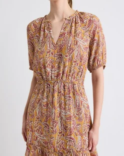 Short-Puffy-Sleeve Split-Neck Mini Dress