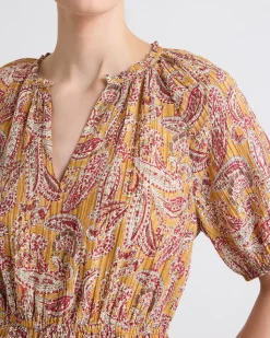 Short-Puffy-Sleeve Split-Neck Mini Dress