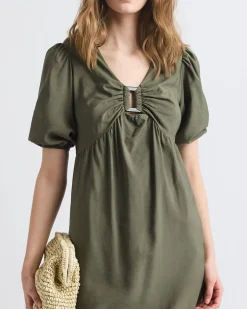 Short-Puffy-Sleeve V-Neck Fluid Mini Dress