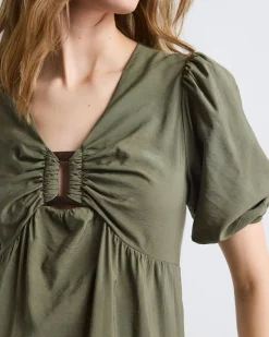 Short-Puffy-Sleeve V-Neck Fluid Mini Dress