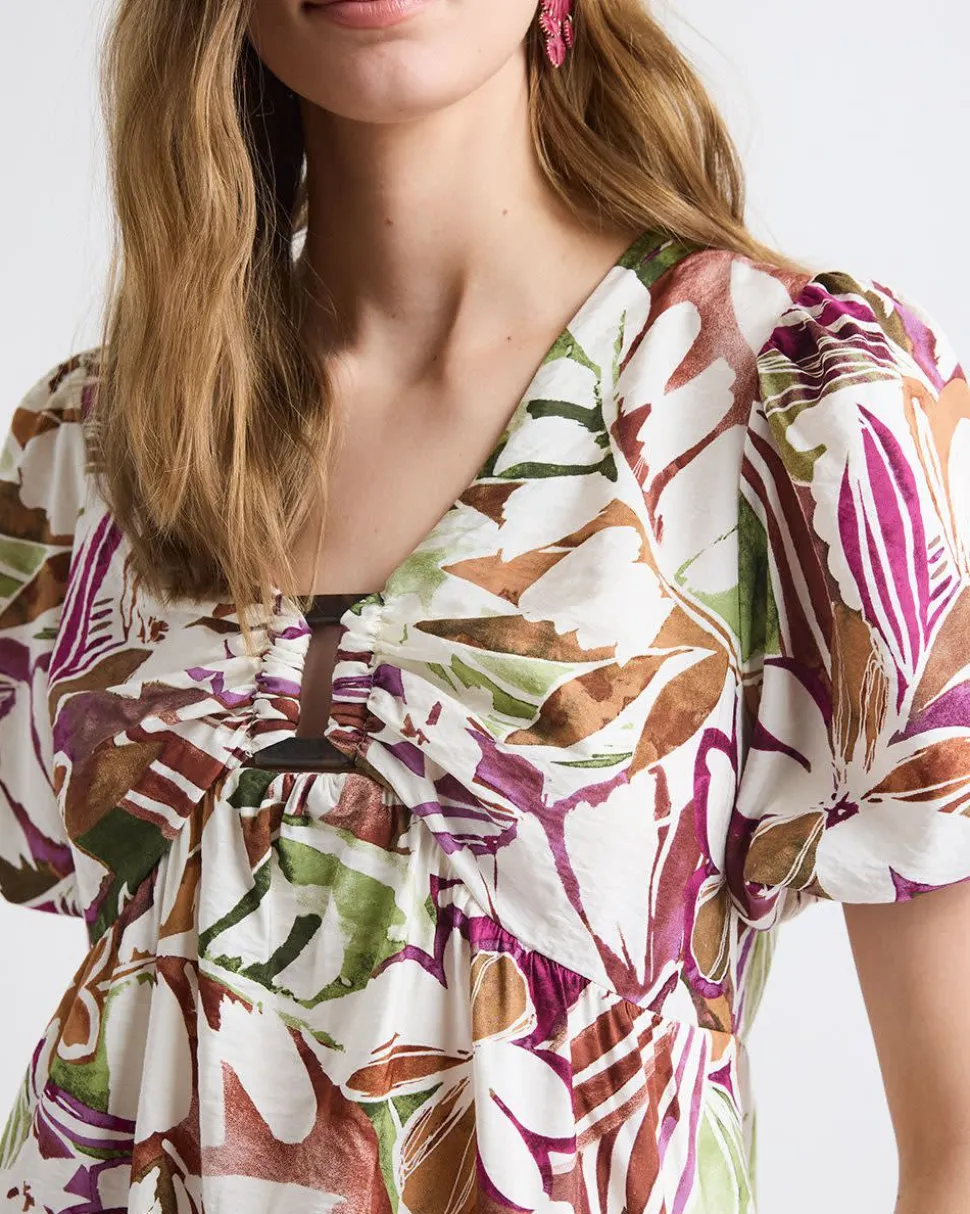 Short-Puffy-Sleeve V-Neck Fluid Mini Dress