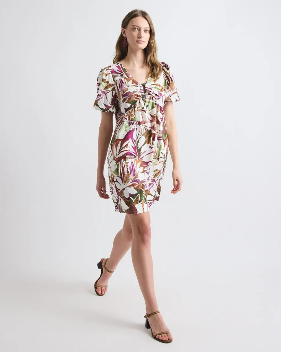 Short-Puffy-Sleeve V-Neck Fluid Mini Dress