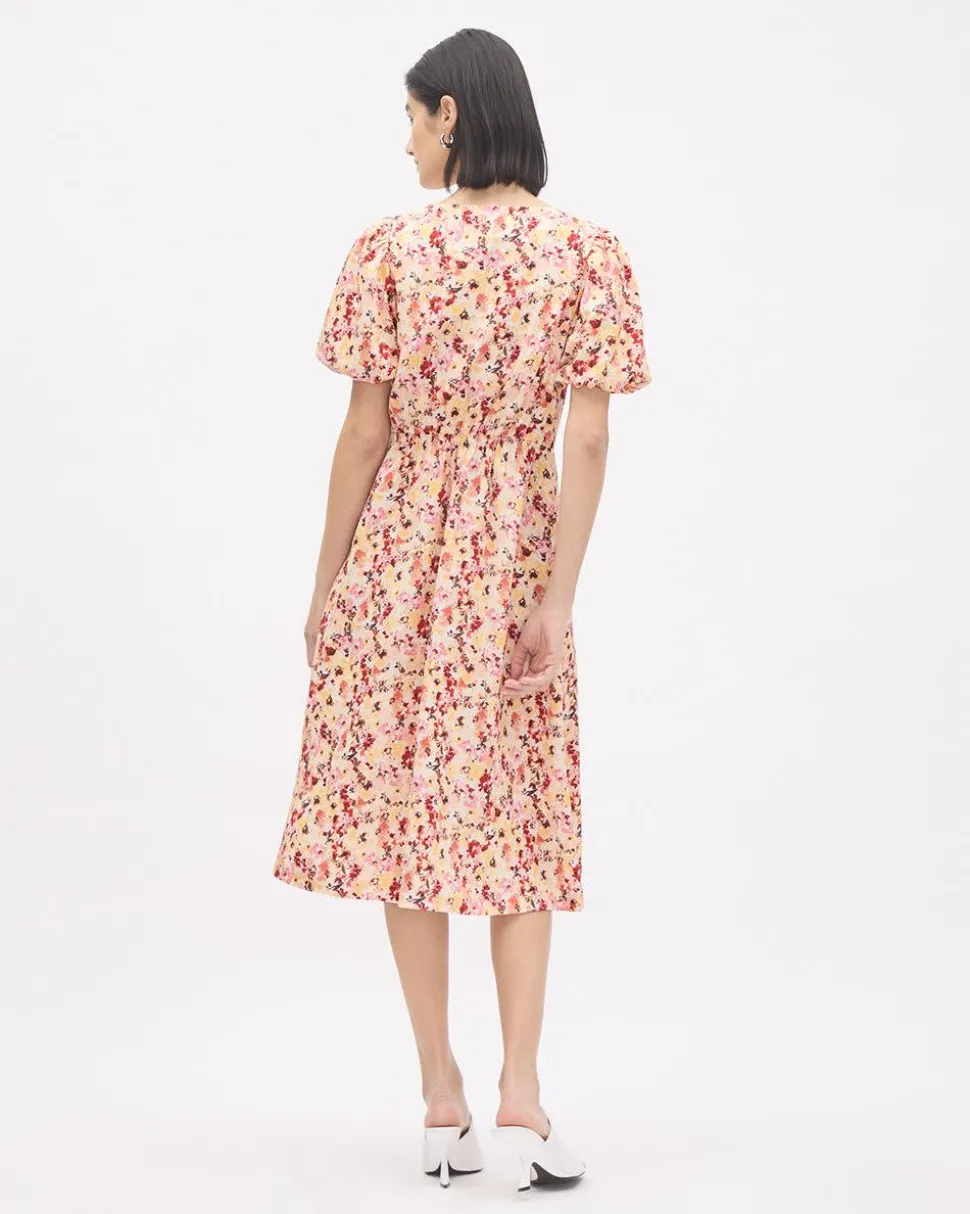 Short-Puffy-Sleeve V-Neck Midi Dress