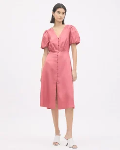 Short-Puffy-Sleeve V-Neck Midi Dress