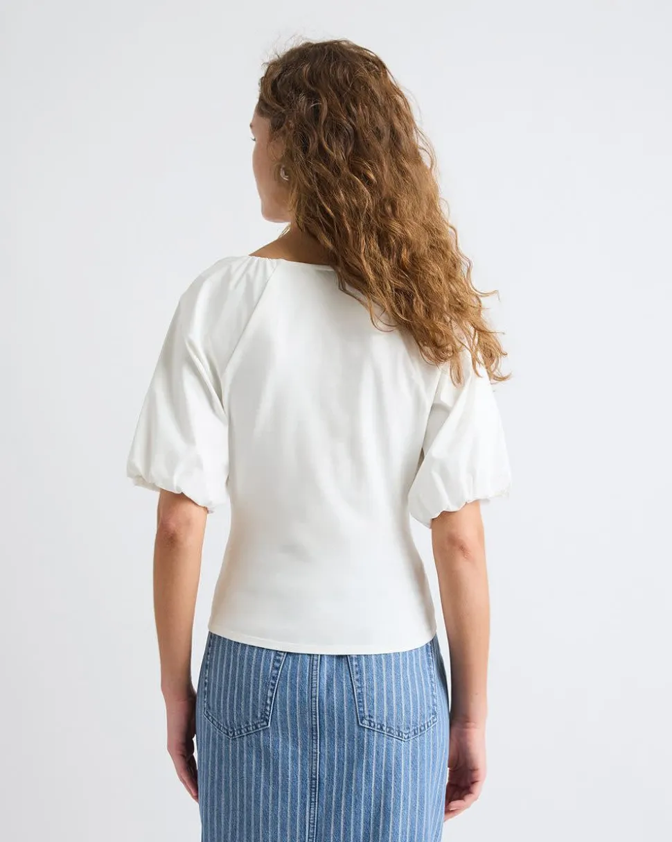 Short-Puffy-Sleeve V-Neck Mix-Media Top