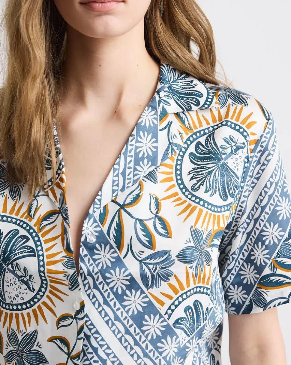 Short-Sleeve Buttoned-Down Satin Blouse