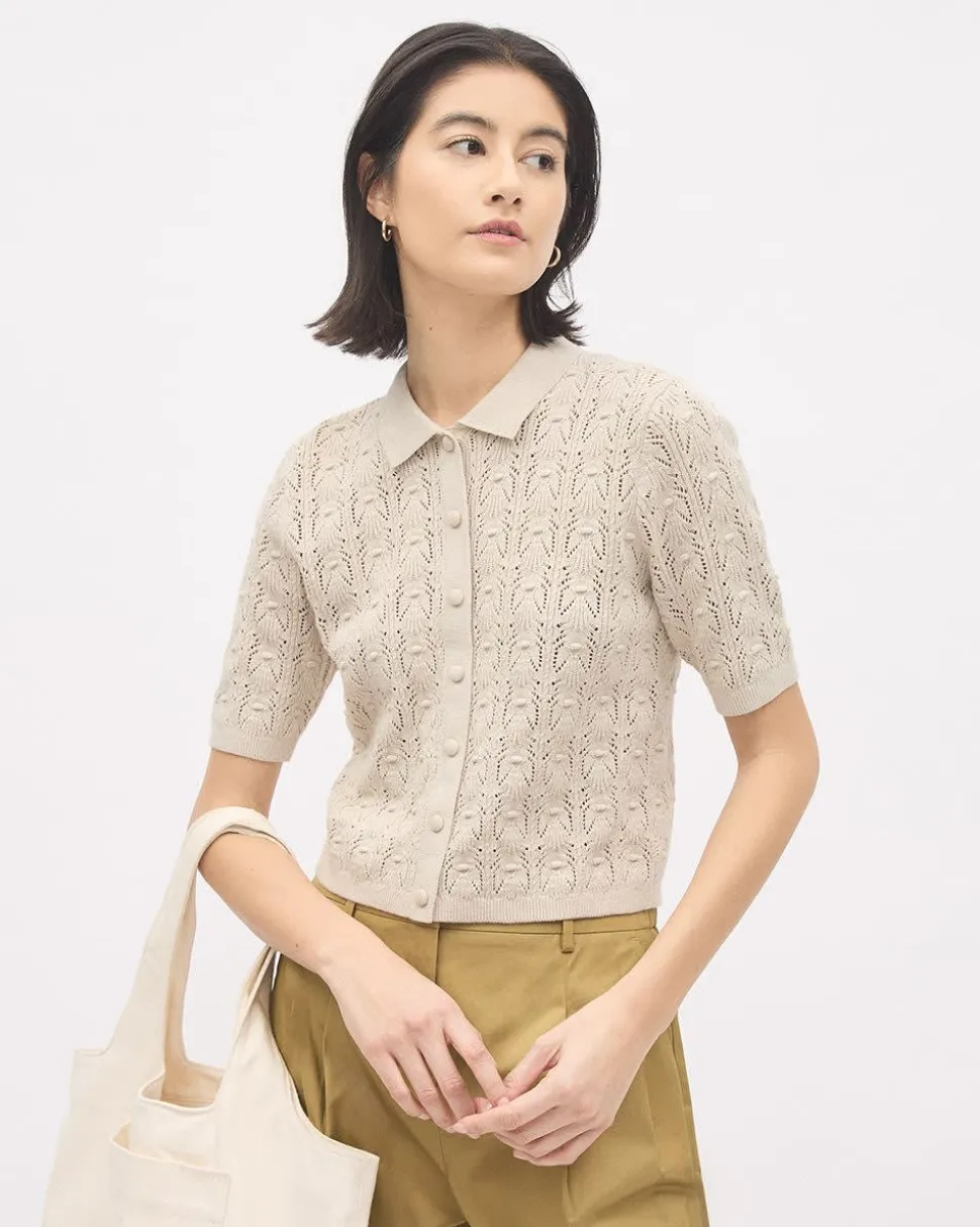 Short-Sleeve Buttoned-Down Sweater Top with Shirt Collar