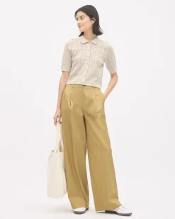 Short-Sleeve Buttoned-Down Sweater Top with Shirt Collar