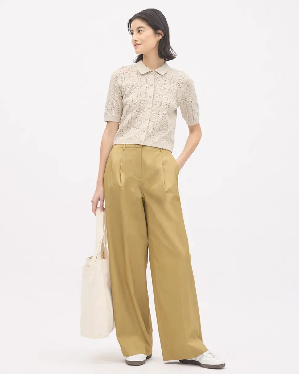 Short-Sleeve Buttoned-Down Sweater Top with Shirt Collar
