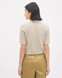 Short-Sleeve Buttoned-Down Sweater Top with Shirt Collar