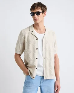 Short-Sleeve Buttoned-Down Argyle Sweater with Camp Collar