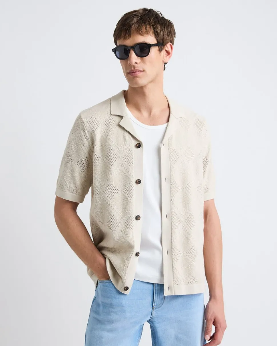Short-Sleeve Buttoned-Down Argyle Sweater with Camp Collar