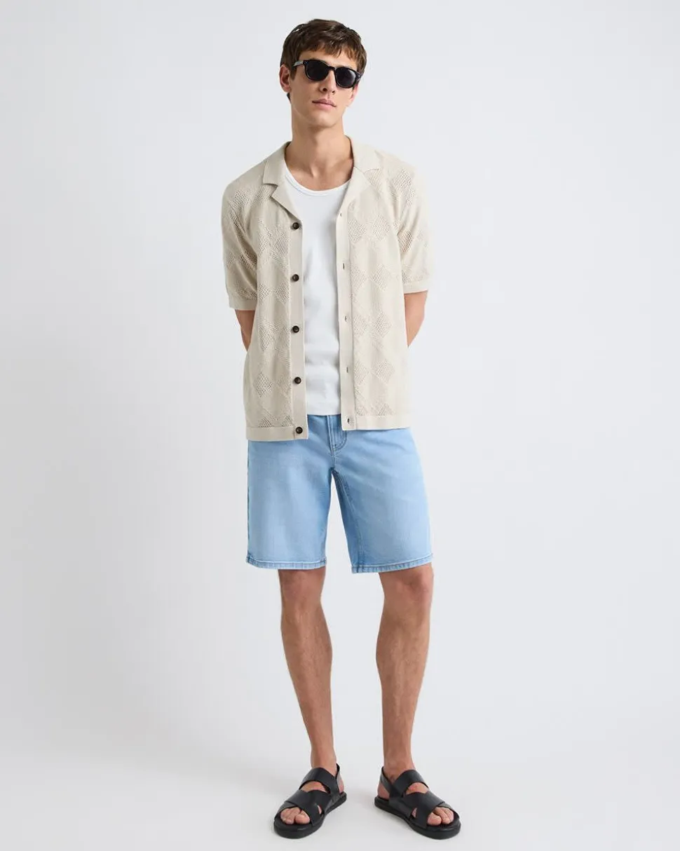 Short-Sleeve Buttoned-Down Argyle Sweater with Camp Collar