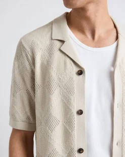 Short-Sleeve Buttoned-Down Argyle Sweater with Camp Collar