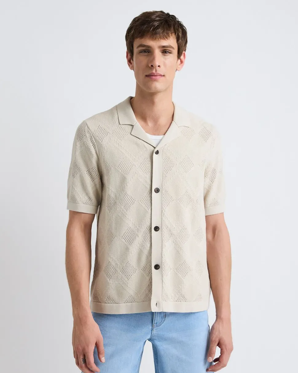 Short-Sleeve Buttoned-Down Argyle Sweater with Camp Collar