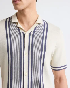 Short-Sleeve Buttoned-Down Sweater Shirt with Camp Collar