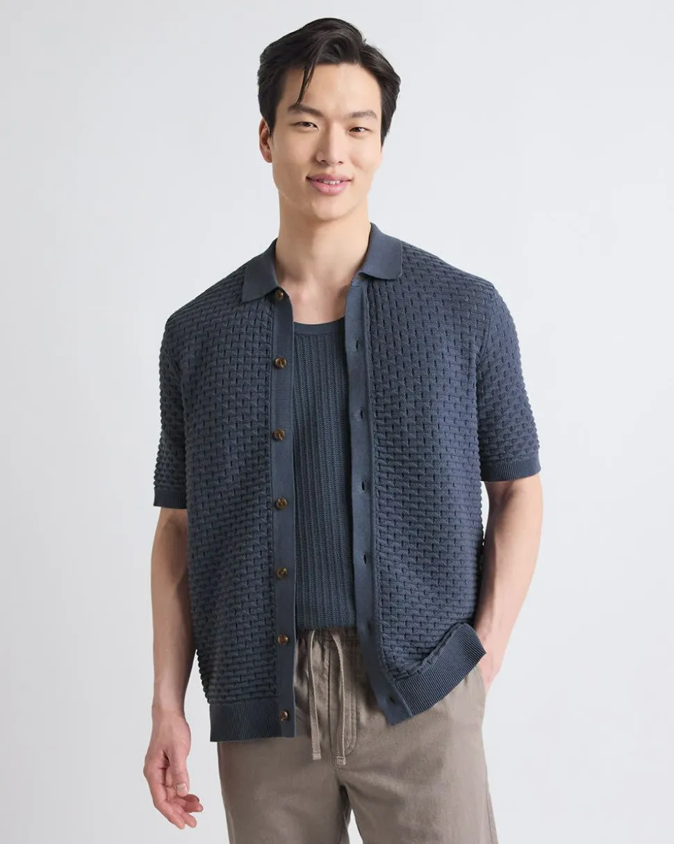 Short-Sleeve Buttoned-Down Textured Sweater with Shirt Collar