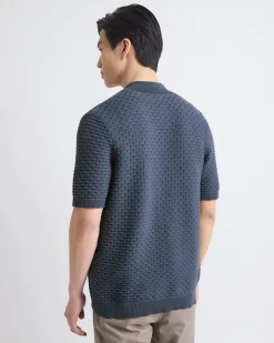 Short-Sleeve Buttoned-Down Textured Sweater with Shirt Collar