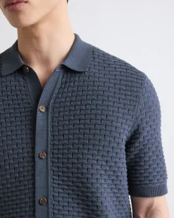Short-Sleeve Buttoned-Down Textured Sweater with Shirt Collar