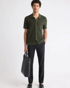 Short-Sleeve Buttoned-Down Textured Sweater with Shirt Collar