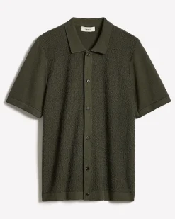 Short-Sleeve Buttoned-Down Textured Sweater with Shirt Collar