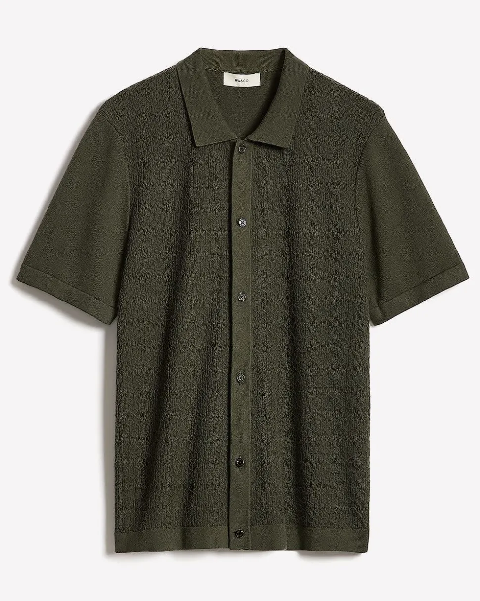 Short-Sleeve Buttoned-Down Textured Sweater with Shirt Collar