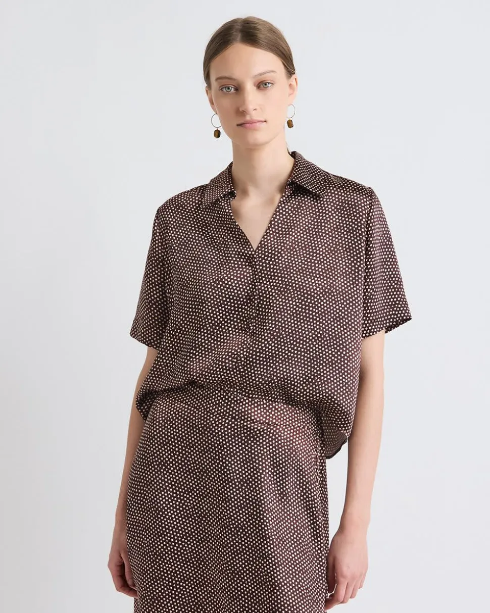 Short-Sleeve Buttoned-Down Dotted Satin Blouse