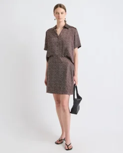 Short-Sleeve Buttoned-Down Dotted Satin Blouse