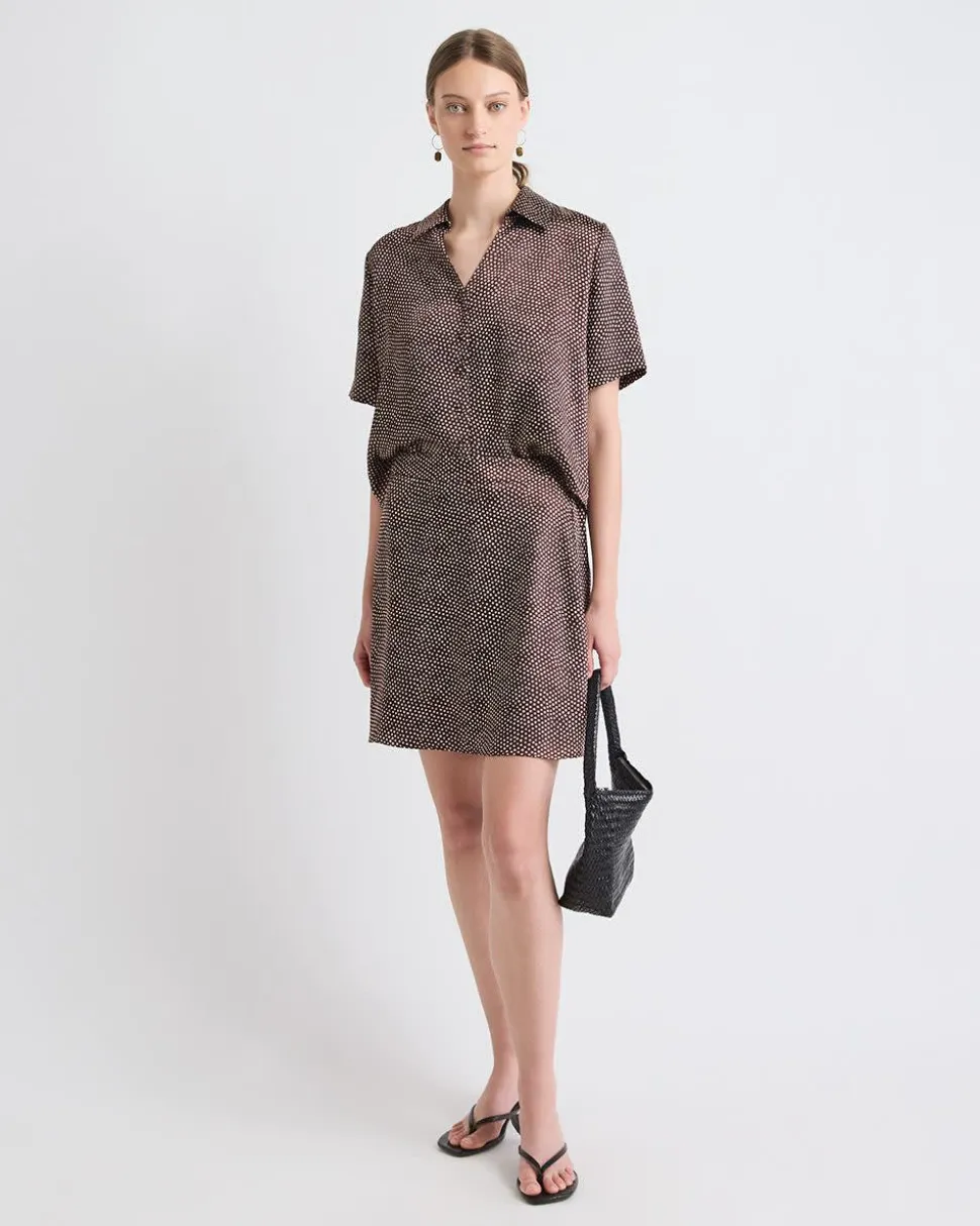 Short-Sleeve Buttoned-Down Dotted Satin Blouse