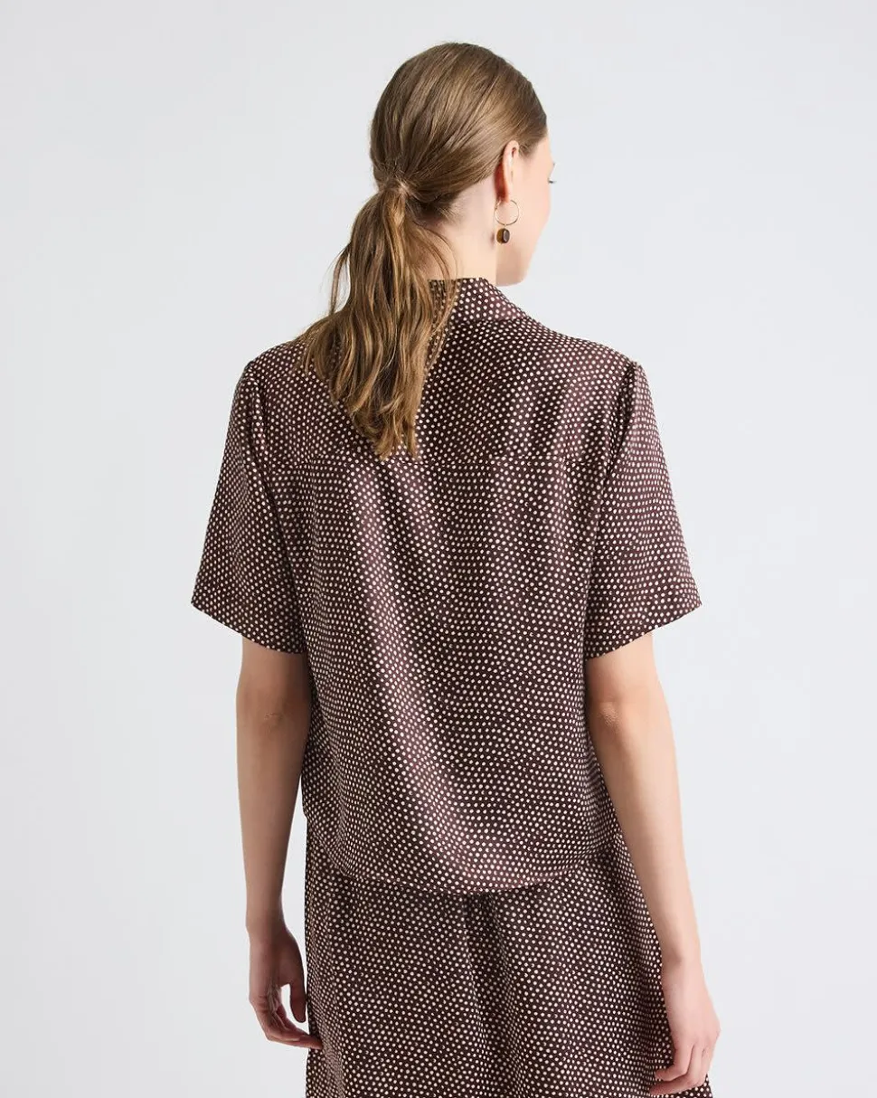 Short-Sleeve Buttoned-Down Dotted Satin Blouse