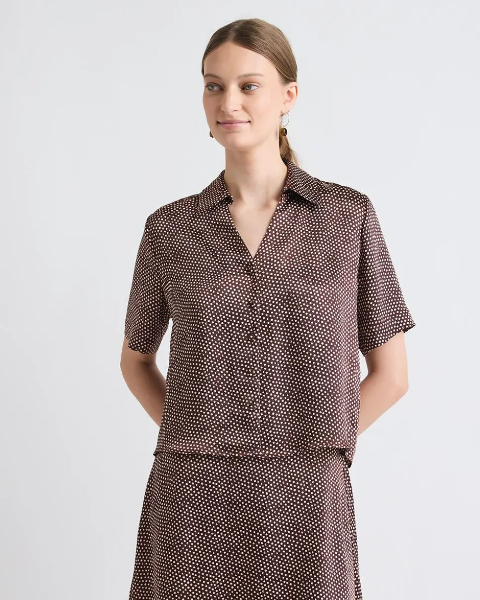 Short-Sleeve Buttoned-Down Dotted Satin Blouse