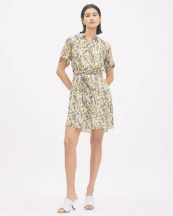 Short-Sleeve Buttoned-Down Chiffon Dress with Shirt Collar