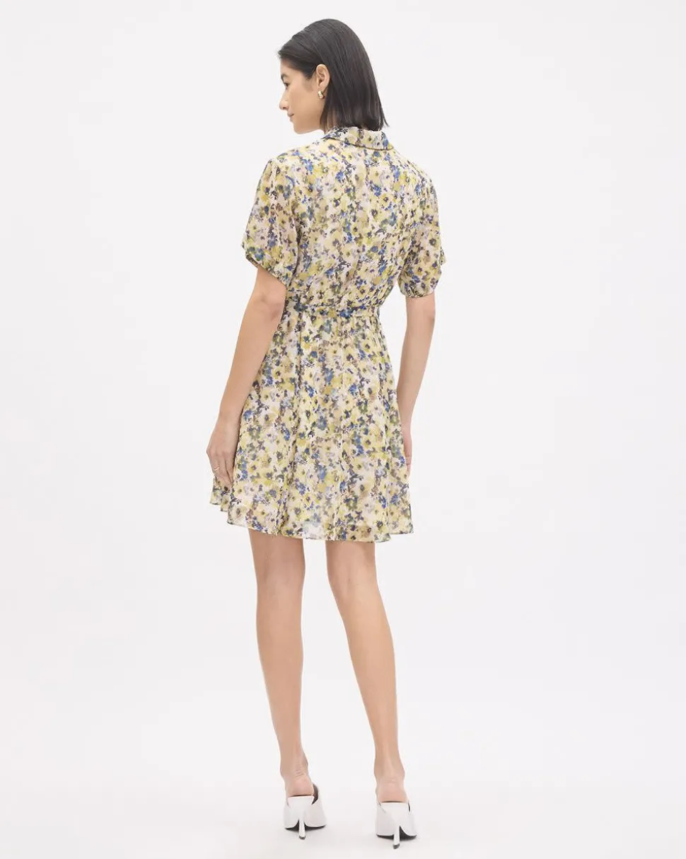 Short-Sleeve Buttoned-Down Chiffon Dress with Shirt Collar