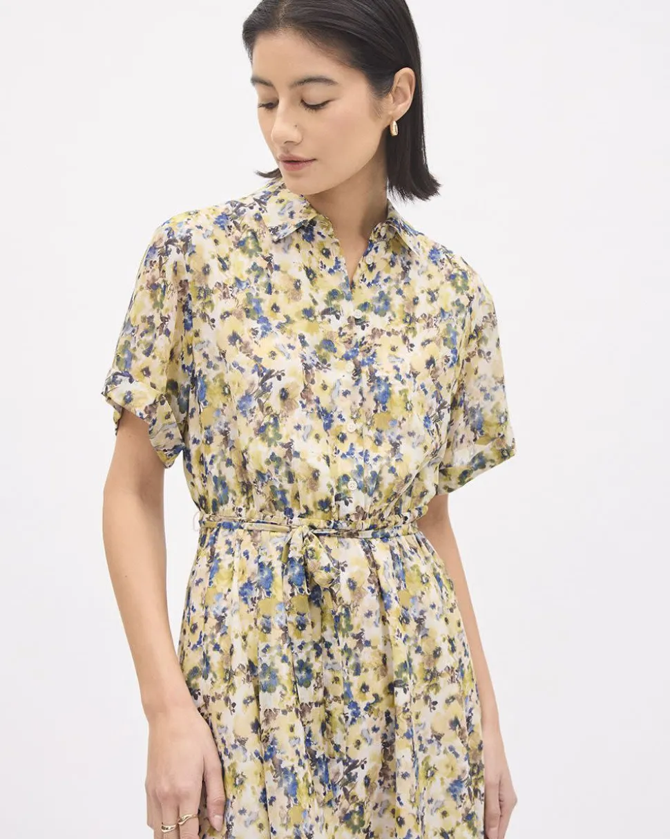Short-Sleeve Buttoned-Down Chiffon Dress with Shirt Collar