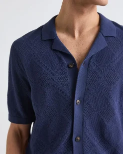 Short-Sleeve Buttoned-Down Argyle Sweater with Camp Collar