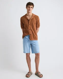 Short-Sleeve Buttoned-Down Argyle Sweater with Camp Collar