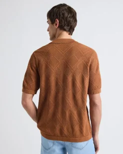 Short-Sleeve Buttoned-Down Argyle Sweater with Camp Collar