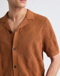 Short-Sleeve Buttoned-Down Argyle Sweater with Camp Collar